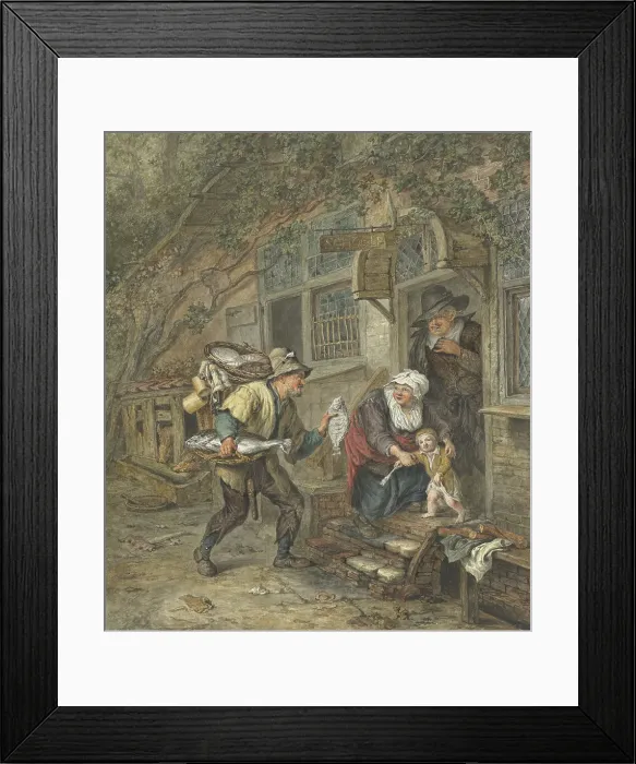 Framed Print : A fishmonger offers plaice to a schoolmaster and his family, 1763-1826. Creator: Abraham van Strij Framed Print : A fishmonger offers plaice to a schoolmaster and his family, 1763-1826. Creator: Abraham van Strij