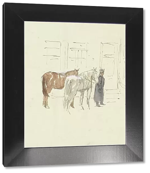 Man with two horses in front of a building, 1915. Creator: Adolf le Comte