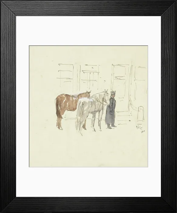 Framed Print : Man with two horses in front of a building, 1915. Creator: Adolf le Comte Framed Print : Man with two horses in front of a building, 1915. Creator: Adolf le Comte
