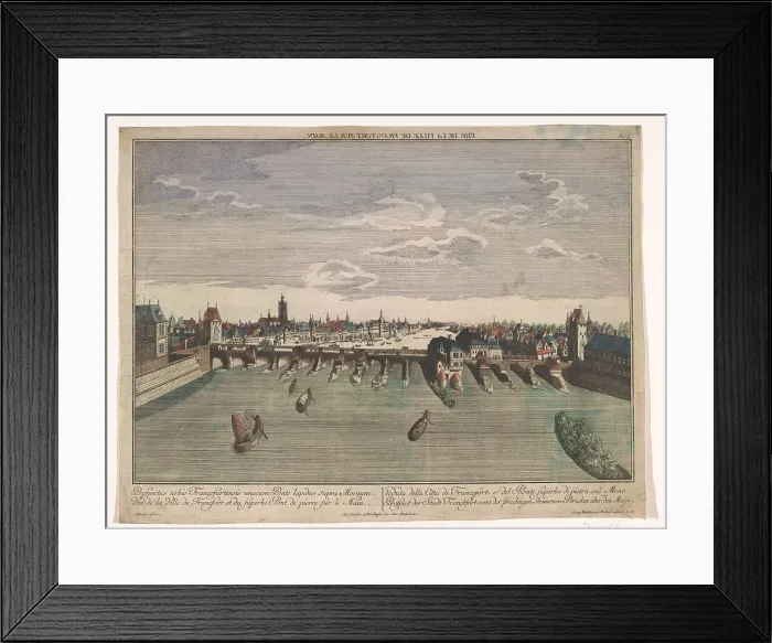 Framed Print : View of the Alte Brücke over the river Main in Frankfurt am Main, 1742-1801. Creator: Anon Framed Print : View of the Alte Brücke over the river Main in Frankfurt am Main, 1742-1801. Creator: Anon