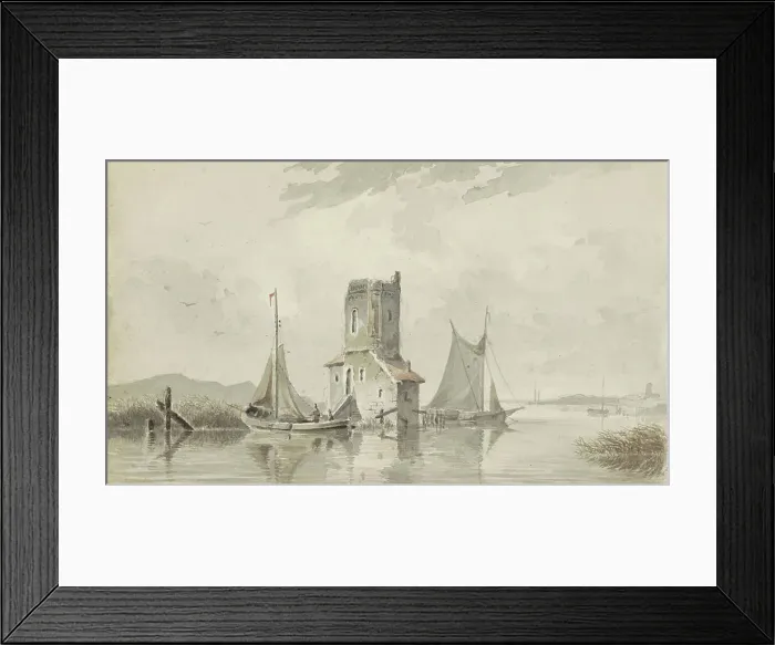 Framed Print : River landscape with a tower, c.1828-1897. Creator: Adrianus Eversen Framed Print : River landscape with a tower, c.1828-1897. Creator: Adrianus Eversen