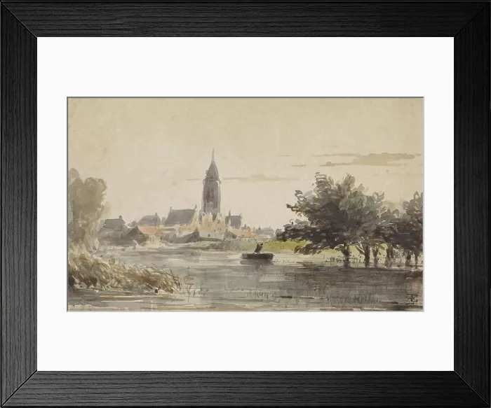 Framed Print : View of a town, seen from across a river, 1828-1897. Creator: Adrianus Eversen Framed Print : View of a town, seen from across a river, 1828-1897. Creator: Adrianus Eversen
