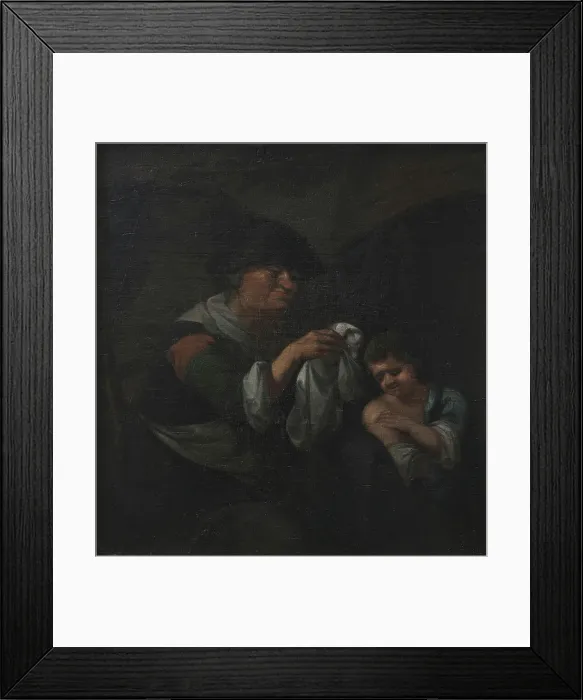 Framed Print : Old Lady Inspecting a Boy's Linen, 1748-1800. Creator: Unknown Framed Print : Old Lady Inspecting a Boy's Linen, 1748-1800. Creator: Unknown