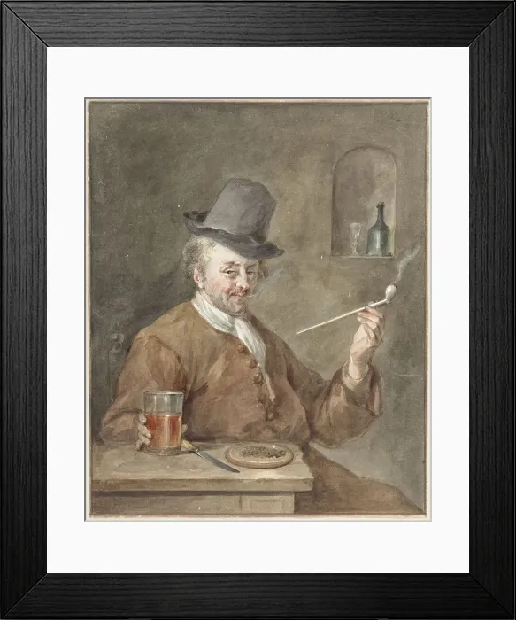 Framed Print : Man smoking a pipe at a table with a plate, a knife and a glass, 1778. Creator: Aert Schouman Framed Print : Man smoking a pipe at a table with a plate, a knife and a glass, 1778. Creator: Aert Schouman