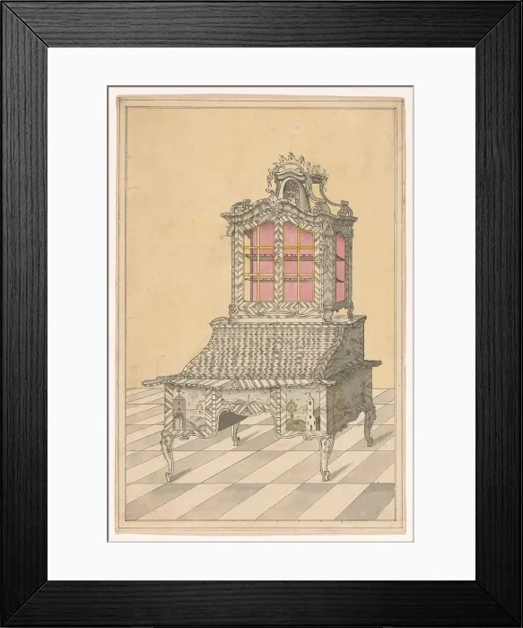Framed Print : Design for a desk with a display up, decorated with marquetry of landscapes, c.1760-c.1770. Creator: Anon Framed Print : Design for a desk with a display up, decorated with marquetry of landscapes, c.1760-c.1770. Creator: Anon