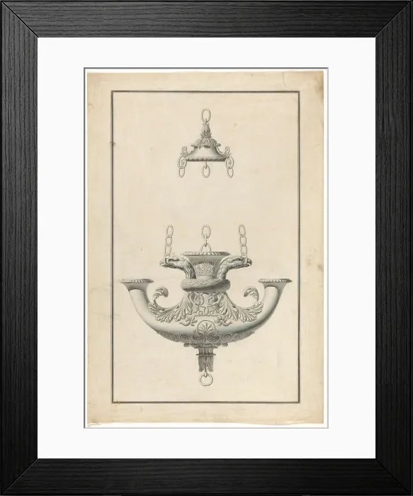 Framed Print : A hanging, patinated bronze lamp for three candles, decorated with eagle heads, c.1805-c.1820. Creator: Anon Framed Print : A hanging, patinated bronze lamp for three candles, decorated with eagle heads, c.1805-c.1820. Creator: Anon
