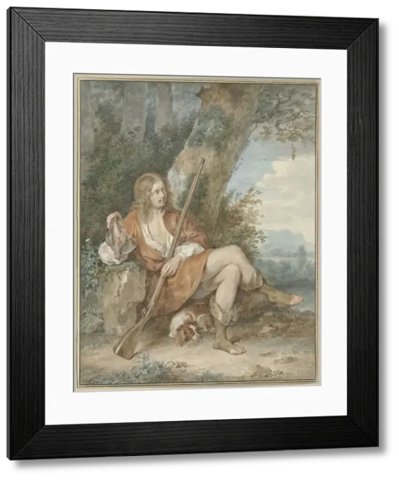 Framed Print : Resting hunter with musket and partridge, near a tree, 1775. Creator: Aert Schouman Framed Print : Resting hunter with musket and partridge, near a tree, 1775. Creator: Aert Schouman