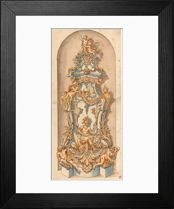 Framed Print : Design for a stove with Mars and two overcome, chained naked men, in a niche, c.1750. Creator: Anon Framed Print : Design for a stove with Mars and two overcome, chained naked men, in a niche, c.1750. Creator: Anon