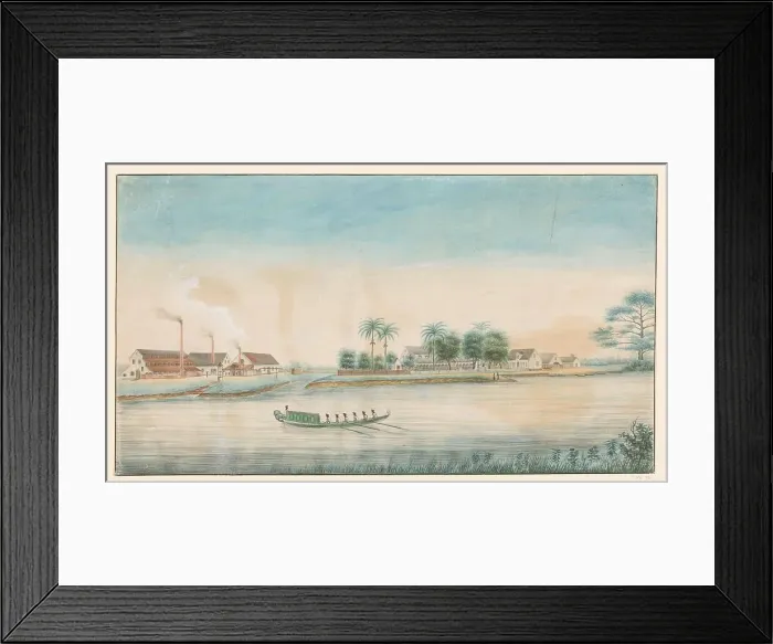 Framed Print : View of the Catharina Sophia sugar plantation from the water, c.1860. Creator: Alexander Ludwich Brockmann Framed Print : View of the Catharina Sophia sugar plantation from the water, c.1860. Creator: Alexander Ludwich Brockmann