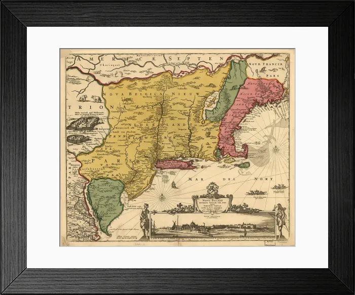Framed Print : Novi Belgii Novæque Angliæ nec non partis Virginiæ tabula, 1656-1685. Creator: Visscher, Nicolaes (1618-1679) Framed Print : Novi Belgii Novæque Angliæ nec non partis Virginiæ tabula, 1656-1685. Creator: Visscher, Nicolaes (1618-1679)