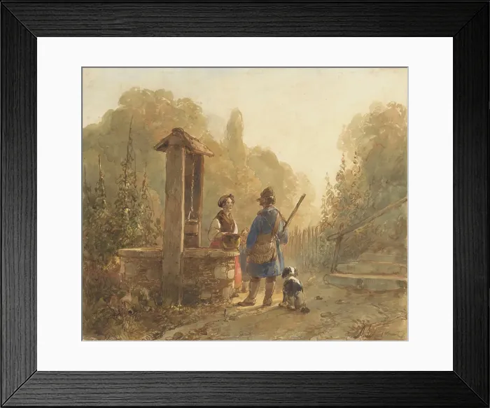 Framed Print : Hunter talking to a farmer's wife at a well, next to him a dog, 1797-1870. Creator: Andreas Schelfhout Framed Print : Hunter talking to a farmer's wife at a well, next to him a dog, 1797-1870. Creator: Andreas Schelfhout