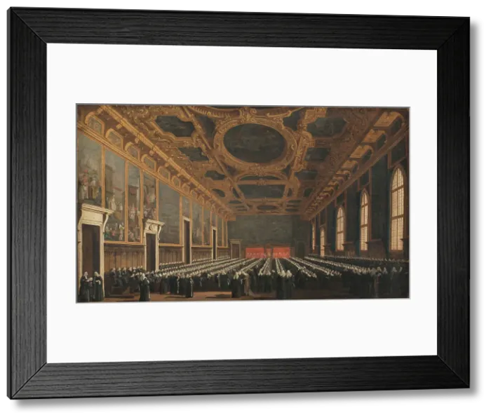 Framed Print : The Doge and Grand Council in Sala del Maggior Consiglio, 1761-1765. Creator: Canaletto Framed Print : The Doge and Grand Council in Sala del Maggior Consiglio, 1761-1765. Creator: Canaletto