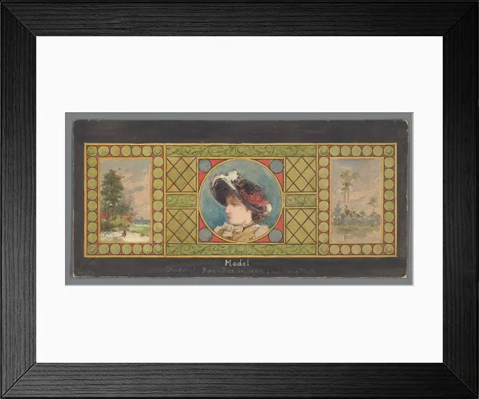 Framed Print : Triptych of painted glass with a landscape on either side of a portrait of a woman with hat, c.1850- Creator: Anon Framed Print : Triptych of painted glass with a landscape on either side of a portrait of a woman with hat, c.1850- Creator: Anon