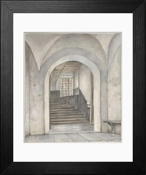 Framed Print : The stairs where Willem van Oranje was murdered, bullet holes and sign, 1835. Creator: Gerrit Lamberts Framed Print : The stairs where Willem van Oranje was murdered, bullet holes and sign, 1835. Creator: Gerrit Lamberts