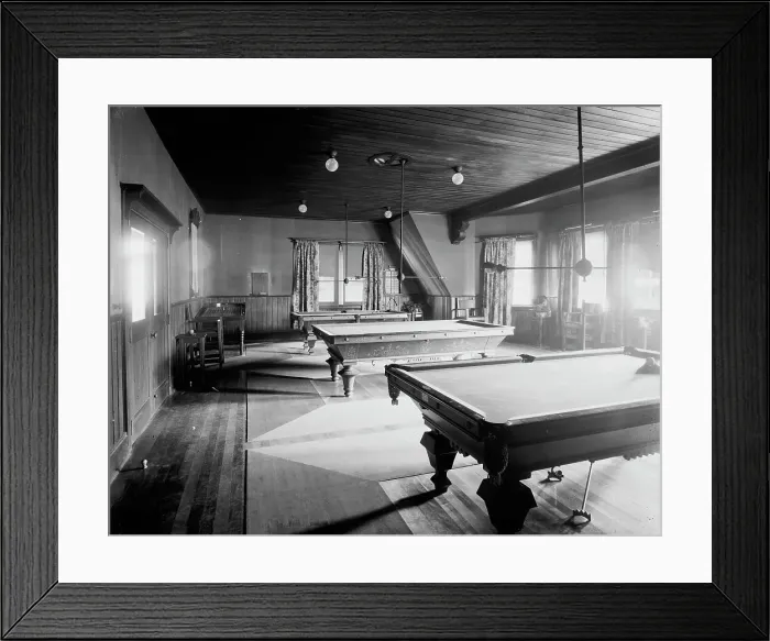 Framed Print : Billiard hall, Paul Smith's casino, Adirondack Mountains, between 1900 and 1905. Creator: Unknown