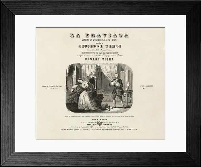 Framed Print : Cover of the first edition of the vocal score of opera La Traviata by Giuseppe Verdi. Creator: Ratti, Leopoldo (1821-1874) Framed Print : Cover of the first edition of the vocal score of opera La Traviata by Giuseppe Verdi. Creator: Ratti, Leopoldo (1821-1874)