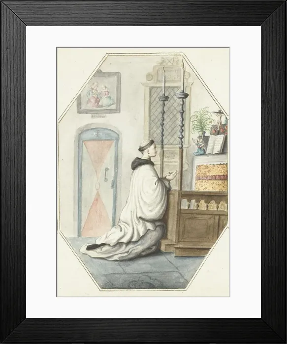Framed Print : Monk kneeling at an altar, 1657. Creator: Gesina ter Borch Framed Print : Monk kneeling at an altar, 1657. Creator: Gesina ter Borch