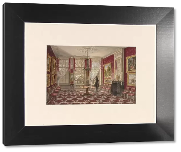 19th century interior with paintings and standing figure, 1842-1848. Creator: Augustus Wijnantz