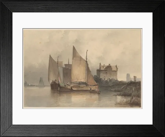 Framed Print : River view with a sailing ship, 1813-1866. Creator: Antonie Waldorp Framed Print : River view with a sailing ship, 1813-1866. Creator: Antonie Waldorp