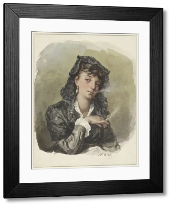 Framed Print : Young woman with a cigarette, 1823-1892. Creator: Antonio Zona Framed Print : Young woman with a cigarette, 1823-1892. Creator: Antonio Zona