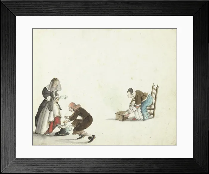 Framed Print : Gentleman ties a lady's shoe and a woman puts fire in a stove, c.1650. Creator: Gesina ter Borch Framed Print : Gentleman ties a lady's shoe and a woman puts fire in a stove, c.1650. Creator: Gesina ter Borch