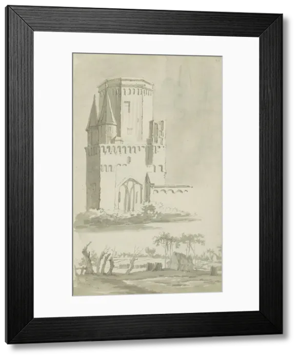 Framed Print : Exterior of a church and a landscape with hut, c.1780-c.1800. Creator: Bernhard Heinrich Thier