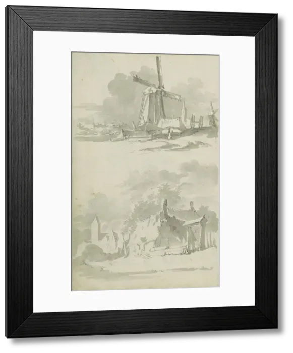 Framed Print : Windmill in a landscape and a village view, c.1780-c.1800. Creator: Bernhard Heinrich Thier Framed Print : Windmill in a landscape and a village view, c.1780-c.1800. Creator: Bernhard Heinrich Thier