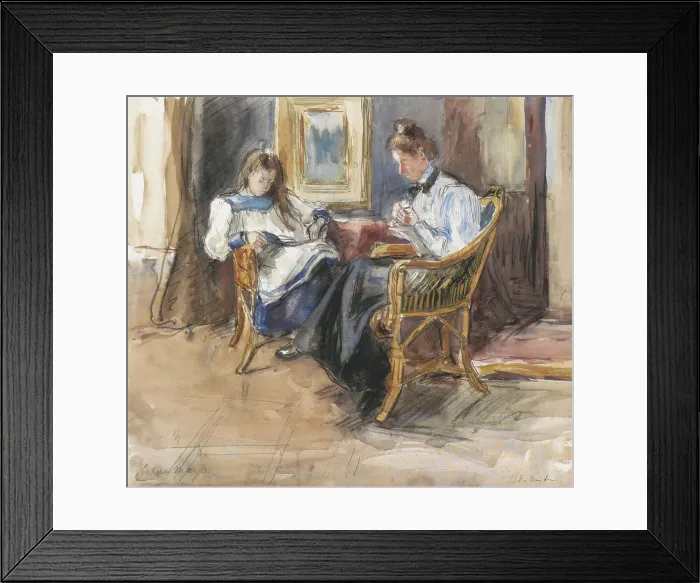 Framed Print : Handworking lady and reading girl seated in wicker chairs, in the house at Riouwstraat 6...1872-1950 Creator: Barbara Elisabeth van Houten Framed Print : Handworking lady and reading girl seated in wicker chairs, in the house at Riouwstraat 6...1872-1950 Creator: Barbara Elisabeth van Houten