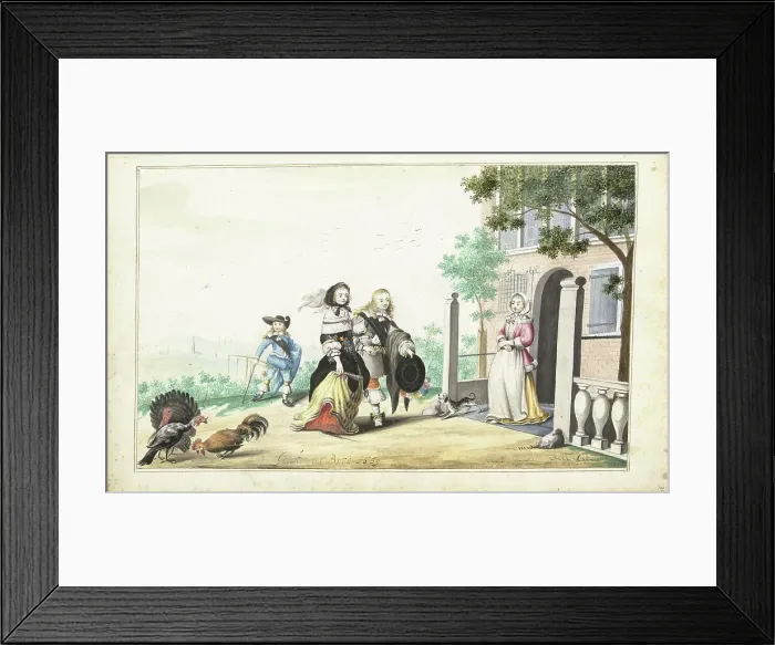 Framed Print : Couple greet a lady at the door of a country house, 1659. Creator: Gesina ter Borch Framed Print : Couple greet a lady at the door of a country house, 1659. Creator: Gesina ter Borch
