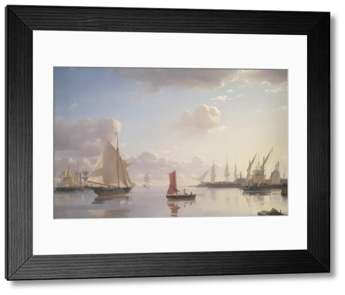 Framed Print : View from Langelinie towards the Royal naval Dockyards at Nyholm, Copenhagen, Morning Light, 1850. Creator: Emanuel Larsen Framed Print : View from Langelinie towards the Royal naval Dockyards at Nyholm, Copenhagen, Morning Light, 1850. Creator: Emanuel Larsen