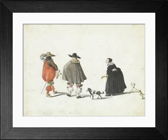 Framed Print : Woman in black, accompanied by two dogs, talking with two gentlemen, 1654-1655. Creator: Gesina ter Borch Framed Print : Woman in black, accompanied by two dogs, talking with two gentlemen, 1654-1655. Creator: Gesina ter Borch