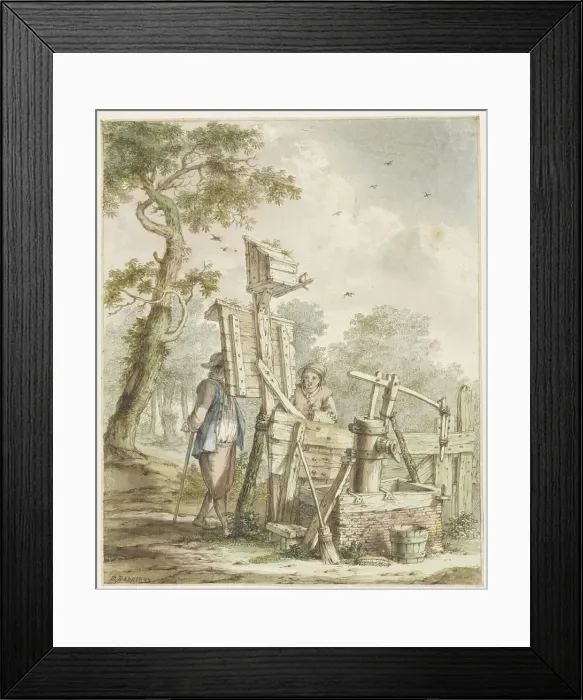 Framed Print : Landscape with two men at a noticeboard near a water pump, c.1750-1808. Creator: Bartholomeus Barbiers Framed Print : Landscape with two men at a noticeboard near a water pump, c.1750-1808. Creator: Bartholomeus Barbiers