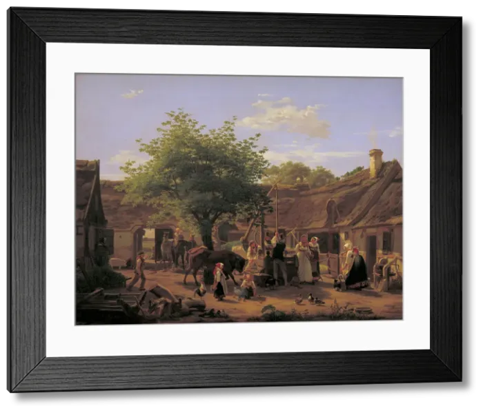 Framed Print : Daily life on a Zealand farm, noon, 1852. Creator: Peter Julius Larsen Framed Print : Daily life on a Zealand farm, noon, 1852. Creator: Peter Julius Larsen