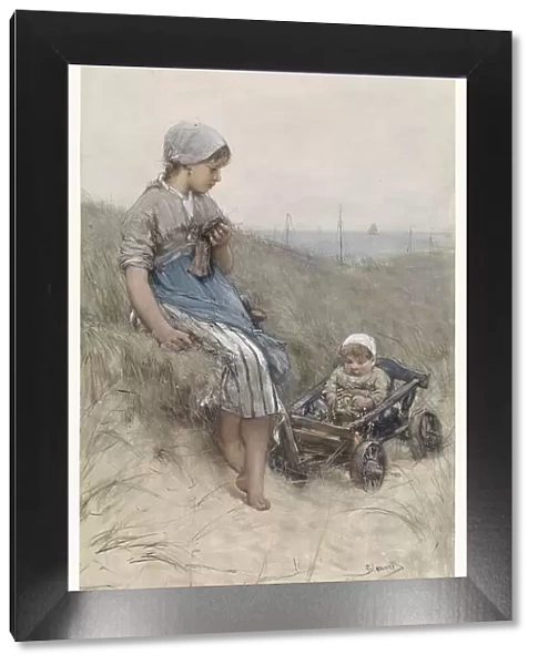 Fisher-girl with child in cart in the dunes, 1880. Creator: Bernardus Johannes Blommers