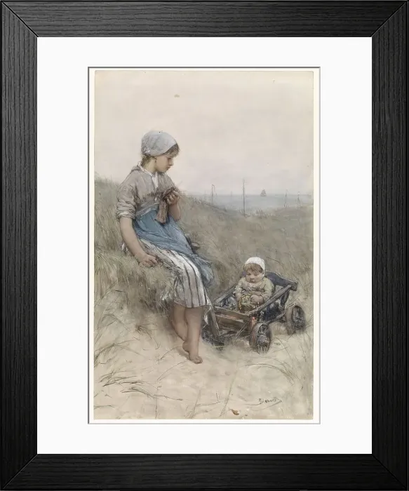 Framed Print : Fisher-girl with child in cart in the dunes, 1880. Creator: Bernardus Johannes Blommers Framed Print : Fisher-girl with child in cart in the dunes, 1880. Creator: Bernardus Johannes Blommers