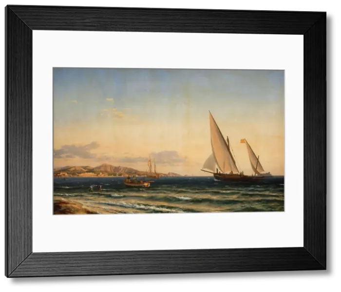 Framed Print : Evening by the Mediterranean; In the background Marseilles and oen If, 1854. Creator: Emanuel Larsen Framed Print : Evening by the Mediterranean; In the background Marseilles and oen If, 1854. Creator: Emanuel Larsen