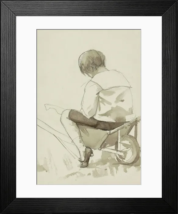 Framed Print : Boy sitting in a wheelbarrow, 1865-1913. Creator: Abrahamina Arnolda Louisa Hubrecht