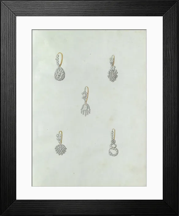 Framed Print : Five earrings, the last one with snake, c.1800-c.1810. Creator: Carl Friedrich Bärthel Framed Print : Five earrings, the last one with snake, c.1800-c.1810. Creator: Carl Friedrich Bärthel