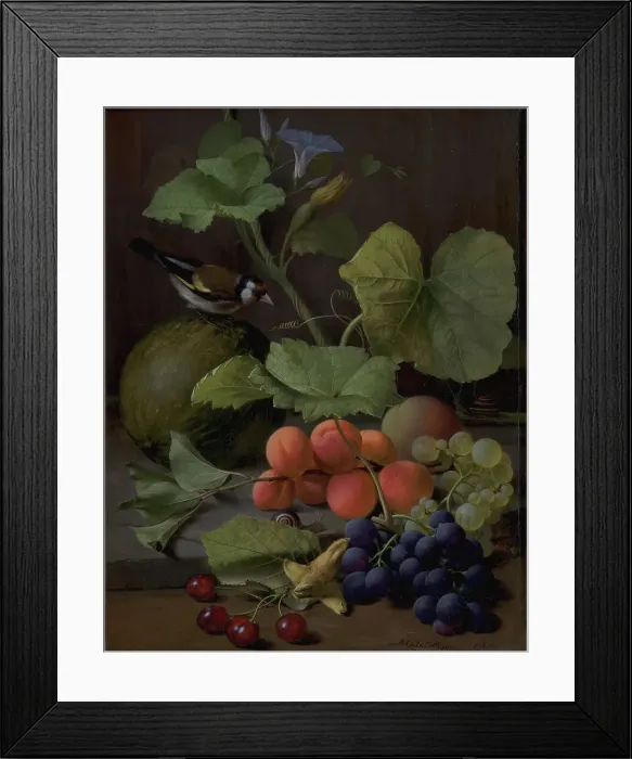 Framed Print : Still Life with Fruits and a Goldfinch, 1855. Creator: Otto Didrik Ottesen Framed Print : Still Life with Fruits and a Goldfinch, 1855. Creator: Otto Didrik Ottesen