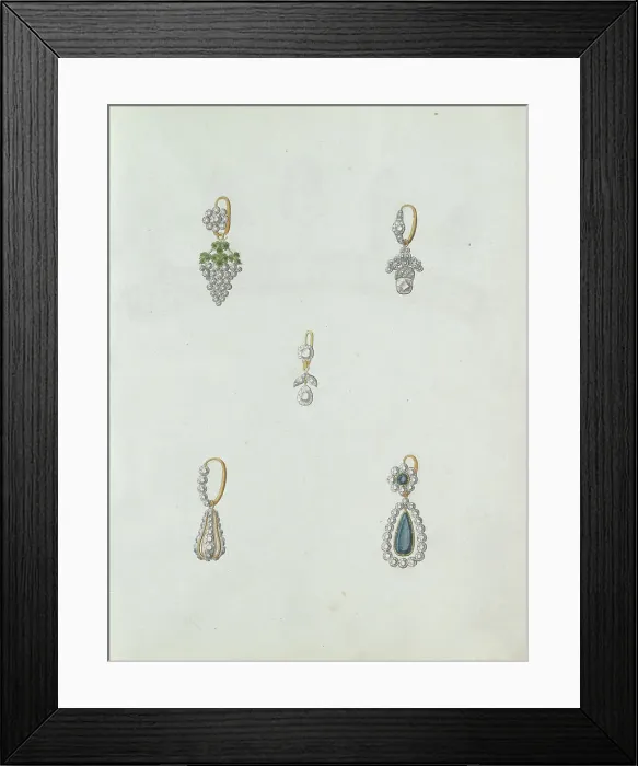 Framed Print : Five designs of earrings, one of which is with a grapes, c.1800-c.1810. Creator: Carl Friedrich Bärthel Framed Print : Five designs of earrings, one of which is with a grapes, c.1800-c.1810. Creator: Carl Friedrich Bärthel