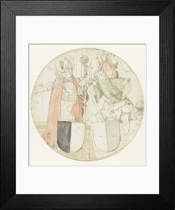 Framed Print : Saints Christophorus and Erasmus, each with a coat of arms, 1510-1550. Creator: Sebald Beham Framed Print : Saints Christophorus and Erasmus, each with a coat of arms, 1510-1550. Creator: Sebald Beham