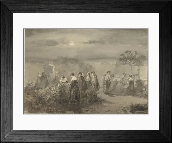 Framed Print : Company of ladies and gentlemen in a court with rose bushes that are lit by the moon, 1847. Creator: Charles Rochussen Framed Print : Company of ladies and gentlemen in a court with rose bushes that are lit by the moon, 1847. Creator: Charles Rochussen