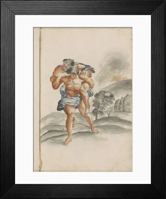 Framed Print : Aeneas wears his father Anchises on his back away from a burning Troy, 1696. Creator: Hendrick van Beaumont Framed Print : Aeneas wears his father Anchises on his back away from a burning Troy, 1696. Creator: Hendrick van Beaumont