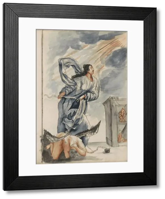 Framed Print : Figure in a long robe with a chained angel, 1696. Creator: Hendrick van Beaumont