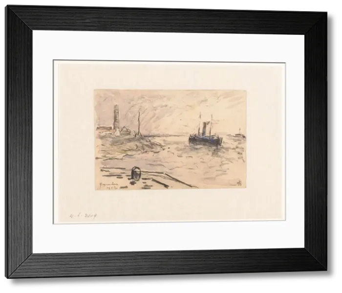 Framed Print : View of the coast of IJmuiden with lighthouse and ship, 1902. Creator: Carel Nicolaas Storm Framed Print : View of the coast of IJmuiden with lighthouse and ship, 1902. Creator: Carel Nicolaas Storm