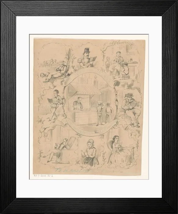 Framed Print : Book stall on a market surrounded by eight scenes with reading figures, c.1860-c.1862. Creator: Charles Rochussen