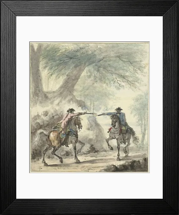 Framed Print : Two horsemen meet on a forest road and fire at each other, 1740. Creator: Cornelis Troost Framed Print : Two horsemen meet on a forest road and fire at each other, 1740. Creator: Cornelis Troost