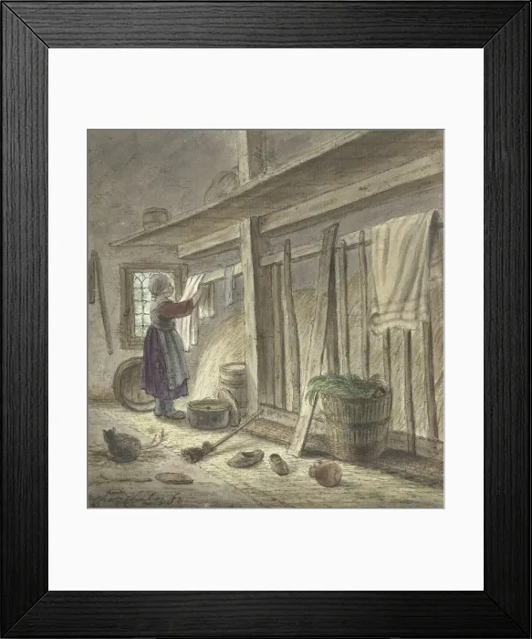 Framed Print : Corner of a stable with a girl hanging a cloth, 1772. Creator: Christina Chalon Framed Print : Corner of a stable with a girl hanging a cloth, 1772. Creator: Christina Chalon
