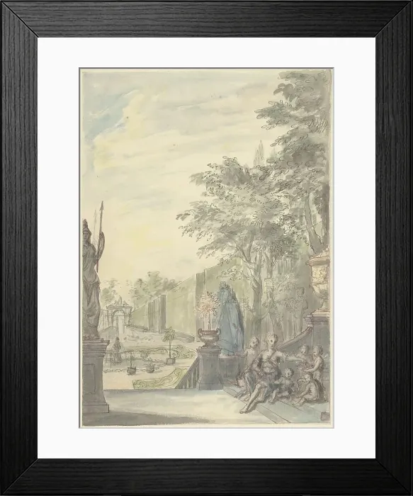 Framed Print : View from a terrace in an ornamental garden, 1705-1769. Creator: Daniel Marot