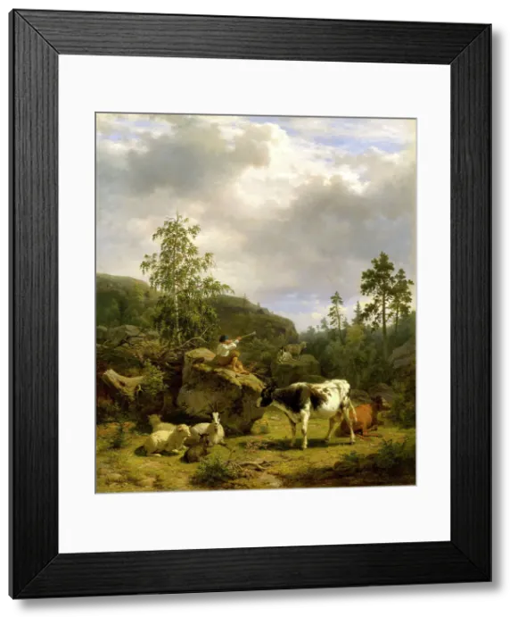 Framed Print : Forest Landscape with a Shepherd Boy and Cattle, 1856. Creator: Nils Andersson Framed Print : Forest Landscape with a Shepherd Boy and Cattle, 1856. Creator: Nils Andersson